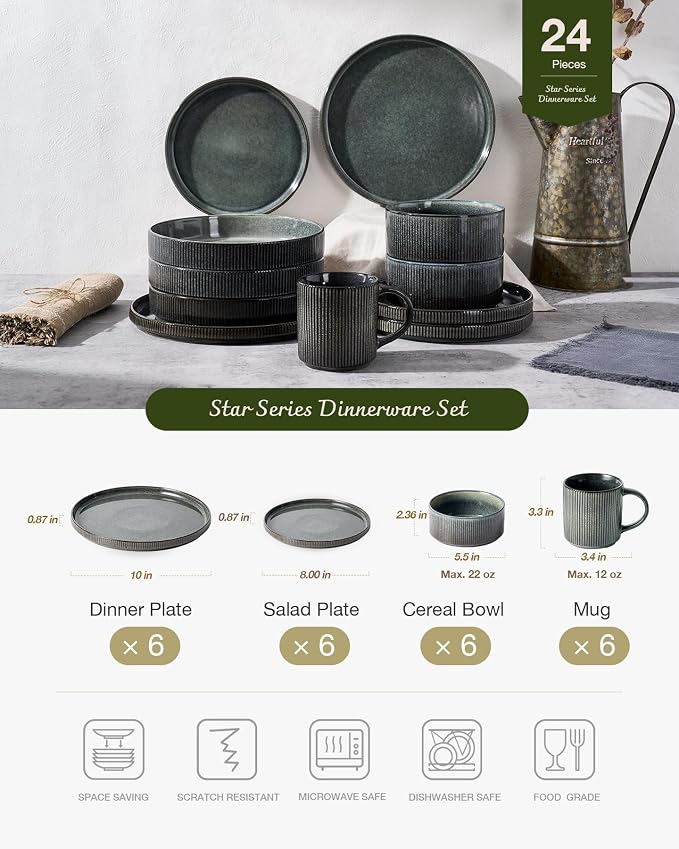 Famiware Star 24-Piece Stoneware Dinnerware Sets, Service for 6 - Reactive Glaze Mugs, Plates and Bowls, Dishes for Everyday/Formal Use, Chip/Scratch Resistant, Microwave/Dishwasher Safe, Deep Forest