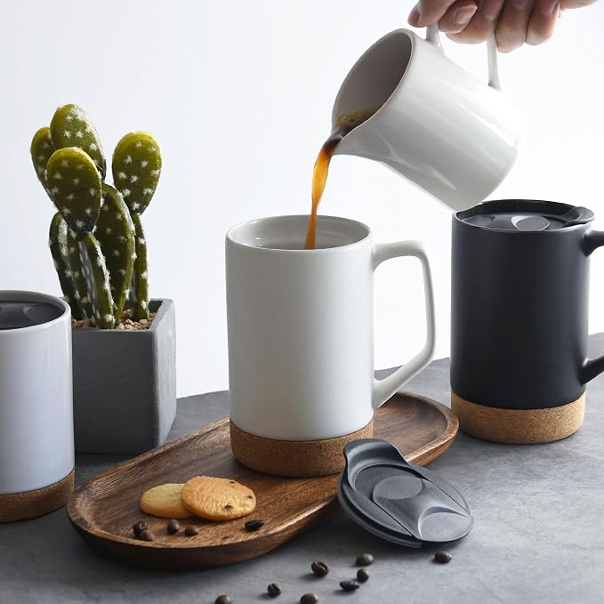 Ceramic Coffee Mug Set of 2, 17 OZ Large Coffee Mug with Removeable Cork Bottom and Splash Proof Lid, Large Handle Coffee Mugs for Men and Women, Great for Coffee, Tea, Hot Chocolate(Matte White) | Large Mug with Removeable Cork Bottom and Splash Proof...