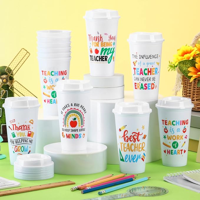 Skylety 12 Pcs Back to School Teachers Gifts Teacher Appreciation Gifts Teacher Deals Bulk Reusable Plastic Coffee Cup with Lid for First Day of School Party Decorations (Lively)