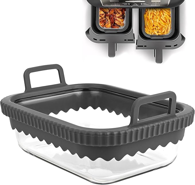 Air Fryer Glass Liner Reusable, Air Fryer Liners Silicone with Removable Silicone Ring for Ninja Dual Basket, Cosori, Philips, BPA-Free, Heat Resistant, Dishwasher Safe