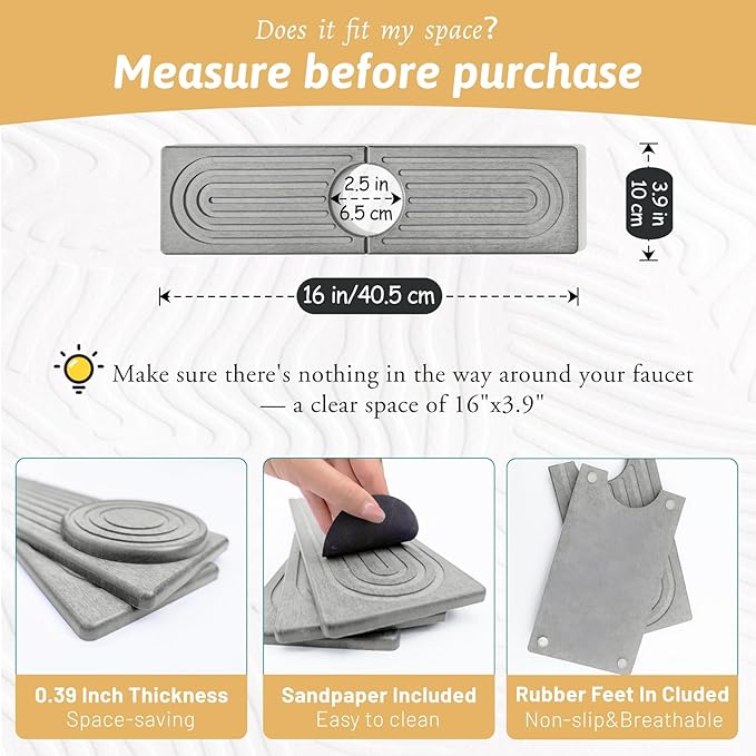 Diatomite Sink Protector for Kitchen, 16" Durable Faucet Mat Splash Guard, Super Absorbent Soap Drying Ttray Sponge Holder for Kitchen Bathroom Sink Accessories Gadgets, Gift for Sister, Light Gray