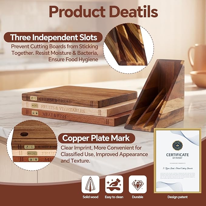 Wood Book Cutting Board Set with Stand, Wooden Cutting Boards for Kitchen,Knife Friendly Decorative Board that Look Like Books, Easy to Store & Clean,Unique Gift for Book Lovers & Home Cooks