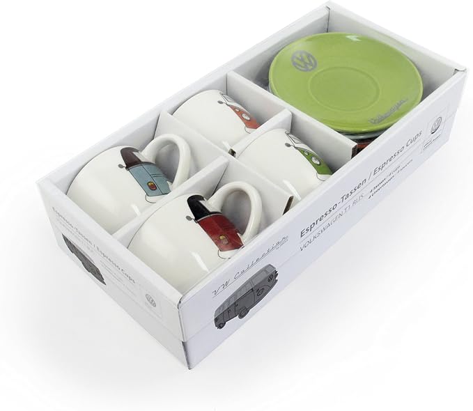 BRISA VW Collection - Volkswagen Espresso Cups Coffee-Tea-Cappuccino Set in T1 Bus Campervan Design (Bus Front/100ml/3.4 fl oz) (Set of 4 (red/black, petrol/brown, orange, green))
