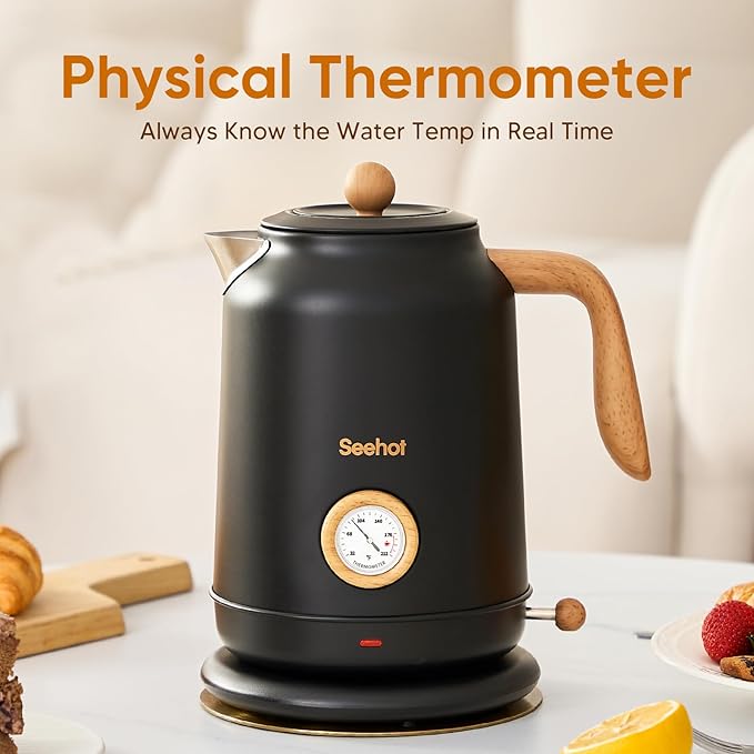 Seehot® Electric Kettle With Thermometer, 1.7L Electric Tea Kettle, 1200W Hot Water Kettle Electric, Auto Shutoff, Boil-Dry Protection, 304 Stainless Steel, Cordless Base, Black