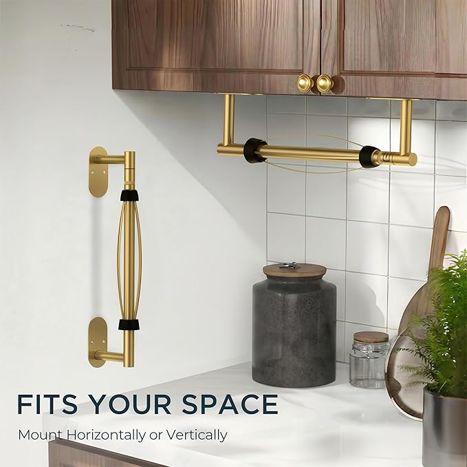 FORIOUS Paper Towel Holder Under Cabinet, One Hand Operable with Ratchet System for Easy Tear, Adhesive or Drill Wall Mount, Stainless Steel for Kitchen Commercial Paper Hand Towel Holders, Gold