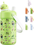 POWCAN 12 oz Insulated Water Bottle for School: 2-in-1 Straw Spout Lid with Soft Animal Head, BPA-Free, Leakproof, Keep Cold 24H, Easy Carry, Stainless Steel Cup for Boys, Girls, Kids (Alien Party)