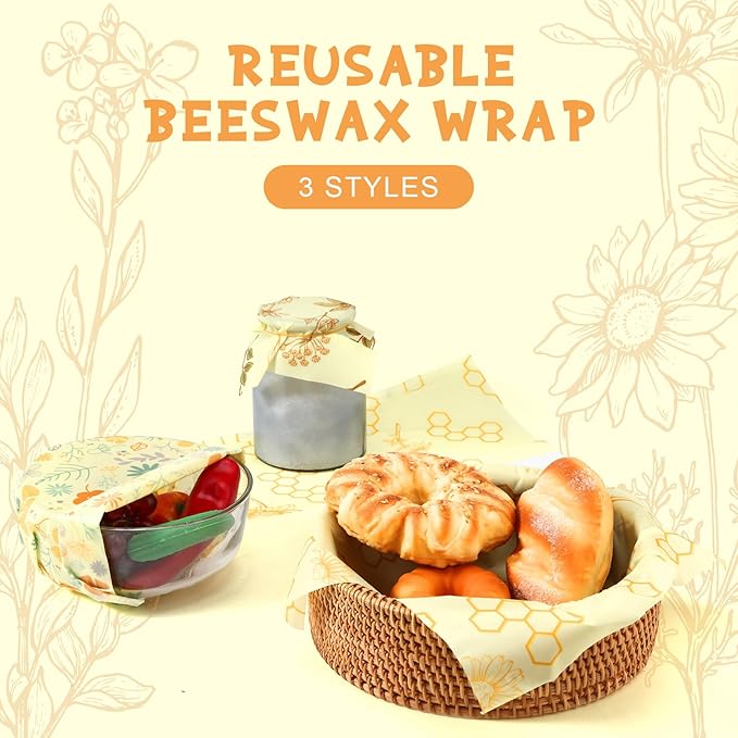 3 Rolls Beeswax Wraps for Food 13'' x 59'' Bees Wax Wraps Reusable Bees Beeswax Storage Wrap for Food Sustainable Honeycomb Floral Organic Cotton Wrap for Bread Sandwich Cheese Fruit