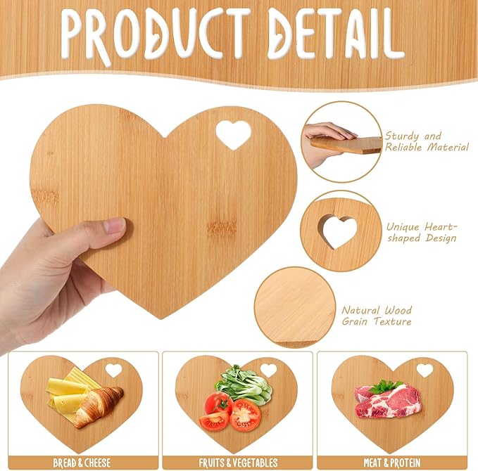 Maxcheck 12 Set Bridal Baby Shower Favor Heart Shaped Charcuterie Board Bulk 7x5inch Mini Cheese Board Gift with Knives Thank You Tag for Guest Birthday Bridal Wedding Baby Shower Prize (Bamboo Color)