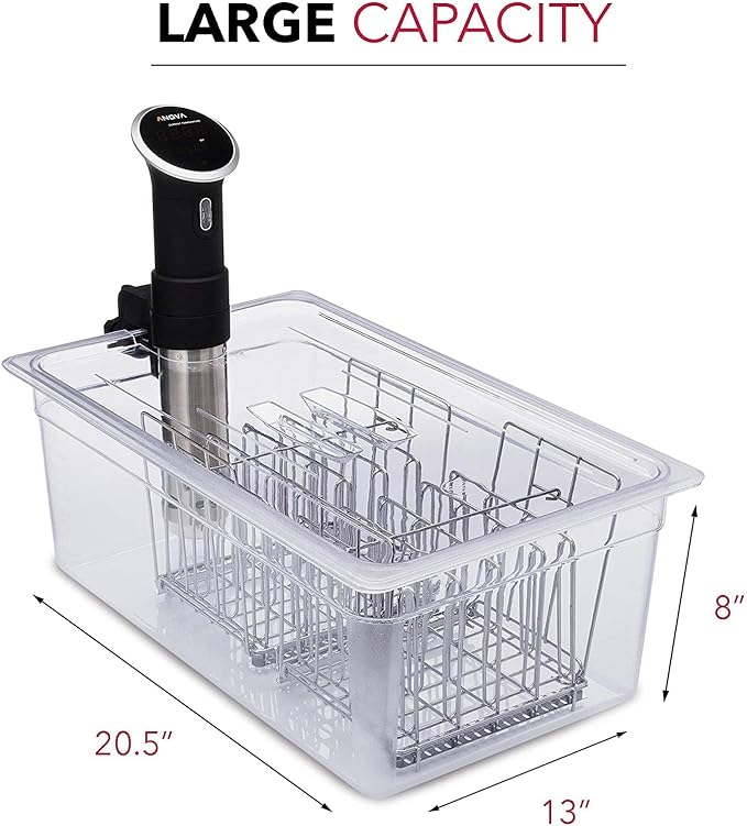 VÄESKE Professional Large Sous Vide Container with Lid, 2 Sous Vide Racks & Insulating Sleeve | Neoprene Retains Heat | Compatible with Anova, Nano, Inkbird, Most Sous Vide Cookers (26 QT)