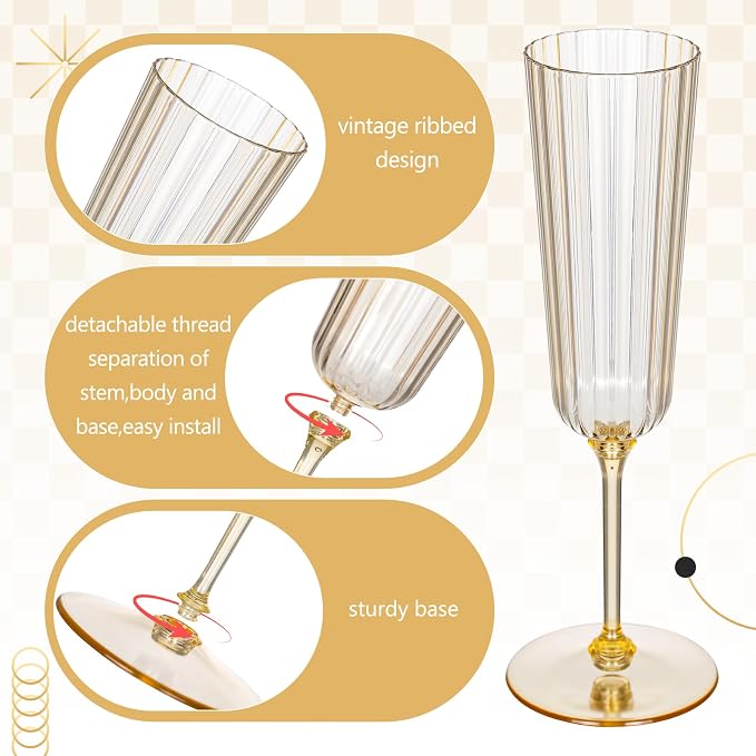 Jingmore 48 Pcs Plastic Ribbed Champagne Flutes With Stem, 6.4 oz Clear Vintage Disposable Vintage Glasses for Wedding Birthday Anniversary (Gold)