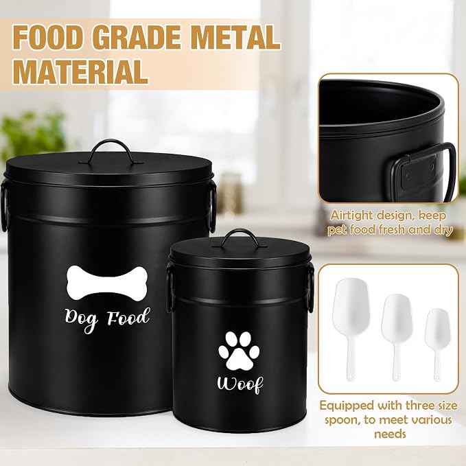 DoubleFill Extra Large 23+10 lb Metal Dog Food Storage Containers Set of 2 Black Airtight Dog Treat Snack Jars with Lids and Spoon Farm House Style Big Pet Cookie Jar for Kitchen Counter Gift