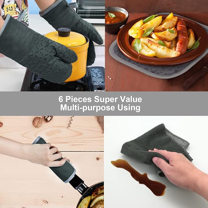 KEGOUU Oven Mitts and Pot Holders 6pcs Set, Kitchen Oven Glove High Heat Resistant 500 Degree Extra Long Oven Mitts and Potholder with Non-Slip Silicone Surface for Cooking (Deep Green)