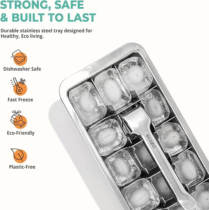 Ecozoi Stainless Steel Ice Cube Tray - 2 Pack of 18-Slot Metal Ice Cube Trays with Easy Release Lever - Plastic-Free, Eco-Friendly, Stackable Retro Vintage Ice Trays for Bars & Kitchens