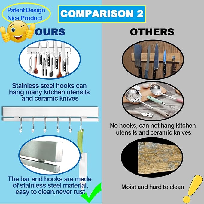 YIIYIIN 12" Premium 304 Stainless Steel Double-Sided Magnetic Knife Holder for Wall -with Adhesive Strip, No Drill -6 Hooks Included for Kitchen Utensils