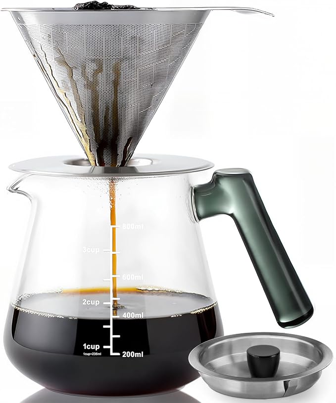 Aquach 28oz Pour Over Coffee Maker, Borosilicate Glass Carafe with Filter | Dishwasher Safe, 304 Stainless Filter, Green Handle, Refrigerator Safe, Coffee Lover Gift