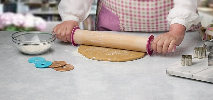 Bakelicious Adjustable Rolling Pin, Wood and Nylon Rolling Pin with Thickness Rings, 3.5 x 3.5 x 21.75 inches