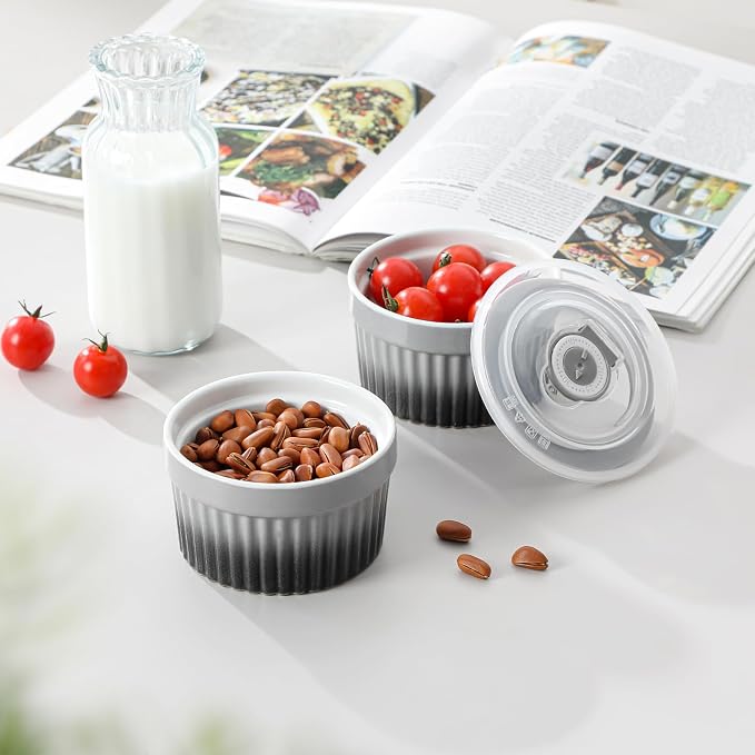 vancasso 6 oz Ramekins with Lid, Porcelain Creme Brulee Souffle Dishes,Set of 6, Grey Pudding Custard Cups Ramiken for Baking, Dishwasher and Oven Safe