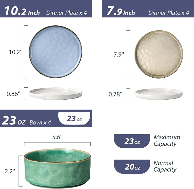 LIANYU 12 Piece Dinnerware Sets, Stoneware Tableware Dish Set for 4, Plates and Bowls Dishware for Dinner Dessert Pasta, Chip & Scratch Resistant, Multi-color