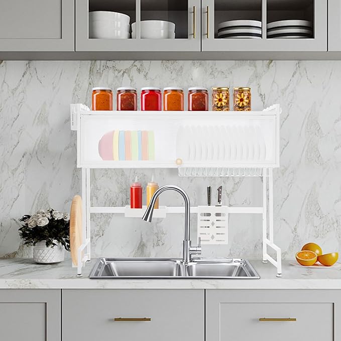 Over The Sink Dish Drying Rack 2 Tier Large Dish Drainer Drying Rack 37.4" W Multifunctional Kitchen Organizers and Storage for Dishes, Glasses, Bowls, and Cutlery (White)