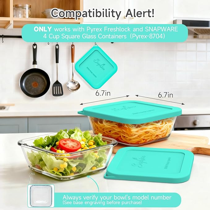 Sophico Silicone Storage Cover Lids Replacement for Pyrex Freshlock and SNAPWARE 4CUP Square Glass Bowls Containers Set(8704), Airtight & Leakproof Lids, Freezer Dishwasher Microwave Safe 5 Pack