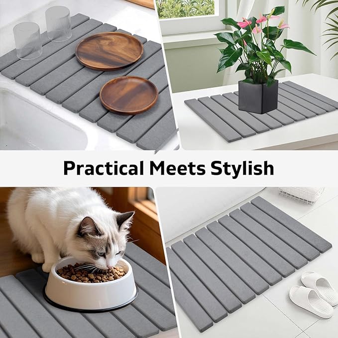 Stone Dish Drying Mat for Kitchen Counter – Collapsible 24"(L)×16 (W) Super Absorbent Diatomaceous Earth Dish Drying Mat, Grey Kitchen Counter Mats for Dishes ,Bottles, Cups, Match Any Countertop