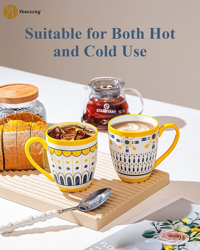 Yeacccng Bohemian Coffee Mugs Set of 6, 15 Oz Ceramic Latte Cappuccino Cups with Yellow Handle, Non-Slip Grip Sturdy Base, Dishwasher Microwave Oven Safe, Scratch-Resistant Boho Tea Mugs