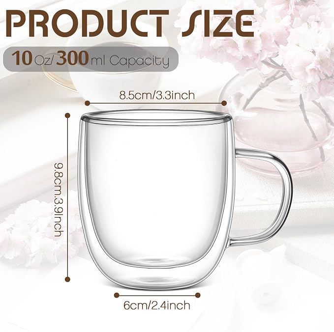 Gerrii Double Walled Glass Coffee Mugs with Handle 10 oz Insulated Borosilicate Glass Cappuccino Mugs Clear Espresso Cups for Home Office Coffee Tea Espresso Latte Milk and Hot Cold Beverages(18 Pack)