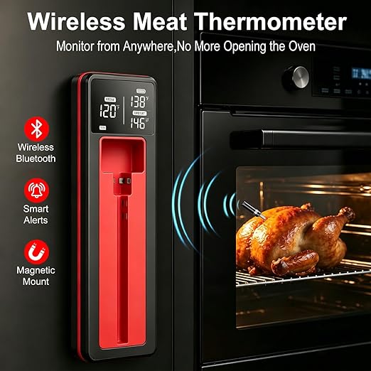 Smart Wireless Meat Thermometer 230FT Remote Food Thermometer Meat with Bluetooth Standalone Base Thermometer Digital Wireless for Remote Monitoring of BBQ, Oven, Kitchen,Grill,Matte Black
