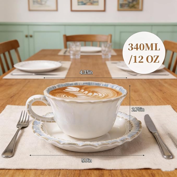 Vintage Porcelain Coffee Cup and Saucer Set, 12 OZ Ceramic Latte Mug - Farmhouse Cappuccino Cups for Espresso and Turkish Coffee, Artisan Tea Cups, Great Barista Gift for Home Cafe