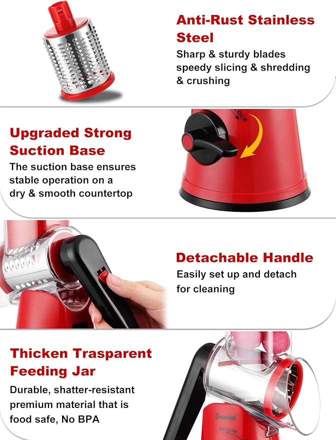 Geedel Rotary Cheese Grater Cheese Shredder - Upgraded 5-in-1 Cheese Grater with Handle and Strong Suction Base, Multi-purpose Vegetable Slicer Ice Shaver Nuts Grinder for Cheese, Vegetables, Ice