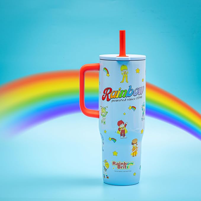 Zak Designs Rainbow Brite Sutton Travel Tumbler for On the Go, 30oz Stainless Steel with Vacuum Insulation, Silicone Straw, and Carry Handle for Cold Drinks (Rainbow Brite, Color Kids)