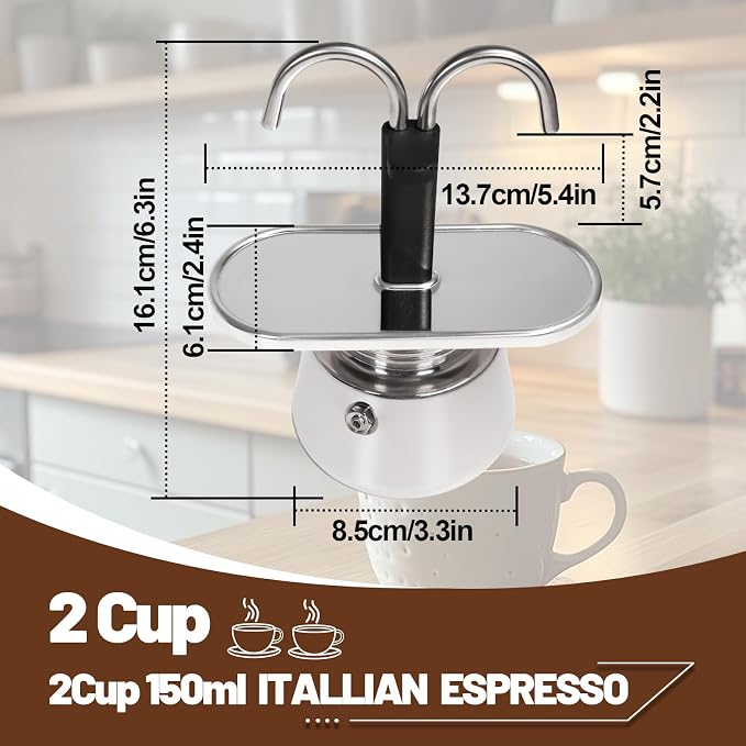 2 Cup Dual Pipe Moka Pot Stainless Steel Stovetop Espresso Maker Cafeteras Italian Percolator Espress Makers Capable Greca Mocha Coffee Machine for Induction Home 150ml 5.1oz