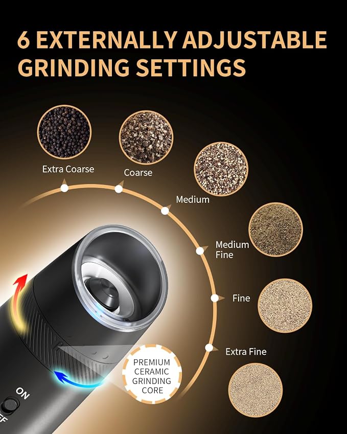CIRCLE JOY Gravity Electric Salt and Pepper Grinder Set Automatic Shakers Upgraded Pepper Mill with Rechargeable Base, External Adjustable Coarseness, LED Light, Easy Refill for Kitchen & Outdoor
