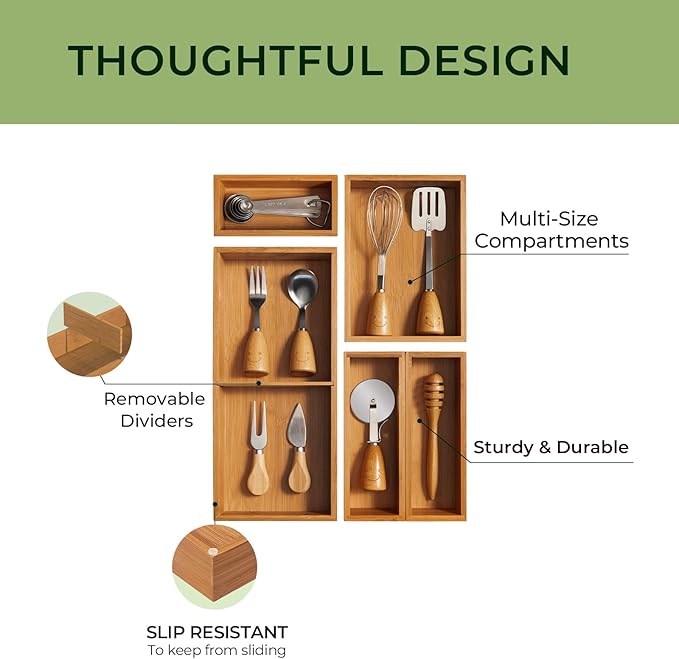 keechee Carbonized Bamboo Kitchen Drawer Organizer (Bundle: 5pc Organizers Set)