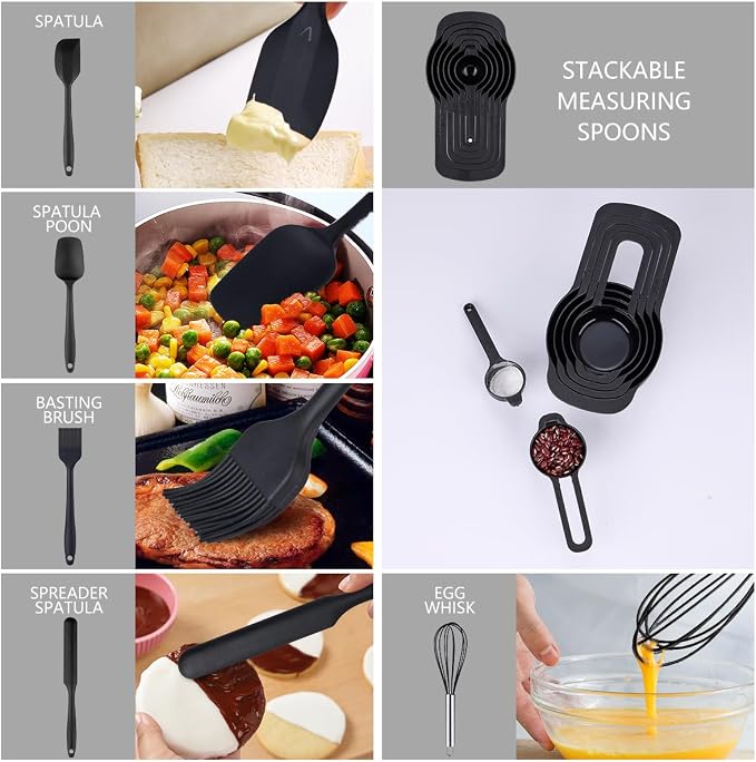 Leidawn Mixing Bowls with Lids set - 25 PCS Stainless Steel Nesting Black Mixing Bowls Set for Baking, Mixing, Serving & Prepping, Size 5, 3.7, 2.8, 2.3, 1.7, 1.1, 0.7QT, 11 Cooking