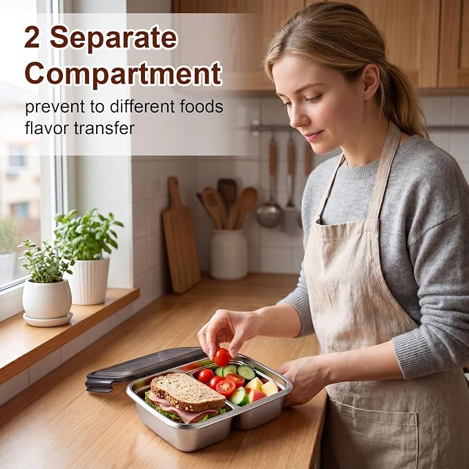 12 Pack 304 Stainless Steel Food Storage Containers 2 Compartment Food Grade Metal Lunch Bento Boxes with Airtight Lid 25 oz/750ml Meal Prep Container Freezer Dishwasher Safe