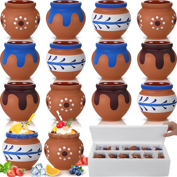 Gejoy 12 Pcs 3oz Cantaritos De Barro Shot Mini Clay Cups Jarritos De Barro Mexicanos Taco Cocktail Glasses for Tequila, Margaritas, Mojitos, Mojitos Cold Hot Drinks (Elegant)