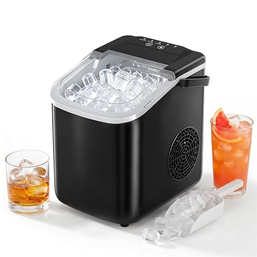 Countertop Ice Maker, Portable Ice Machine with Carry Handle Basket and Scoop, 9 Bullet Cubes Ready in 6 Mins, 26lbs Daily, Self-Cleaning for Home, Kitchen, Camping, RV