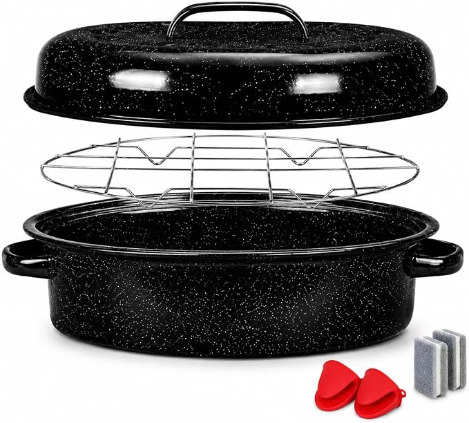 16 Inch Enamel Roasting Pan with Lid & Rack – Small Roaster Pan for Chicken, Vegetables, Lasagna – Oven & Dishwasher Safe, 932°F Heat Resistant – Includes Silicone Handles & Cleaning Sponges
