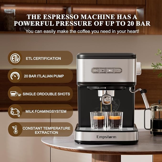 Empstorm 20 Bar Espresso Machine, Cappuccino Machines with Milk Frother Steam Wand, Stainless Steel Latte Machine for Home&Barista, Automatic Shut-off Function