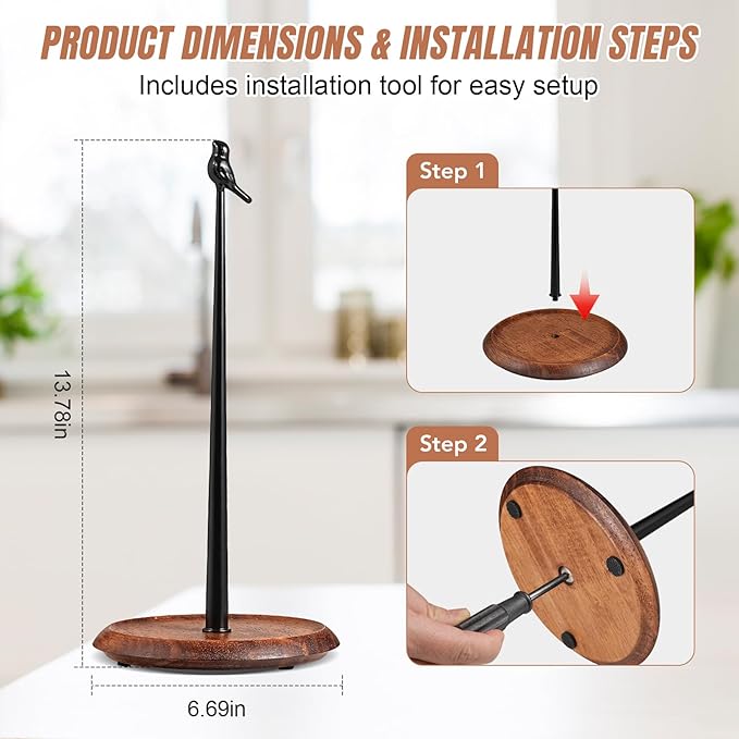Wooden Paper Towel Holder countertop, Stylish Bird Shaped,Solid Wood Base&Iron Top, with Non-Slip Mat, Stable&Durable,Paper Towel Holder Farmhouse Style to Elevate Your Kitchen's Décor (Black)
