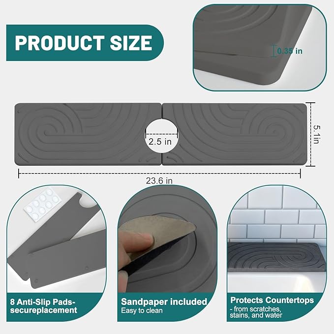 Hopegiver Stone Faucet Mat for Kitchen Sink - Fast Drying Diatomite Sink Protector Prevent Moisture, Super Water Absorbing Stone Tray for Kitchen & Bathroom Counter (Gray Line, 23.6"x5.1")