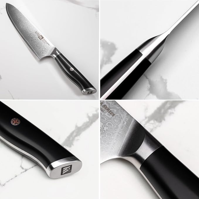 Klaus Meyer Empira 5 Piece Damascus Kitchen Knife Set With Magnetic Block | VG-10 Damascus Steel, Full Tang, Ultra Sharpness, Ergonomic ABS Handle, Strong Magnetic Block, Ideal Gift For Passionate Chef