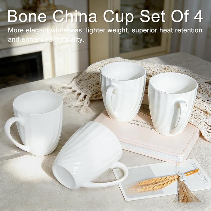 Fine Bone China White Coffee Mugs Set of 4 (12 oz), Ceramic Spiral Pattern Tea Cups, Thin China Coffee Cups, Lightweight Coffee Mugs for Hot Chocolate, Latte, Cappuccino