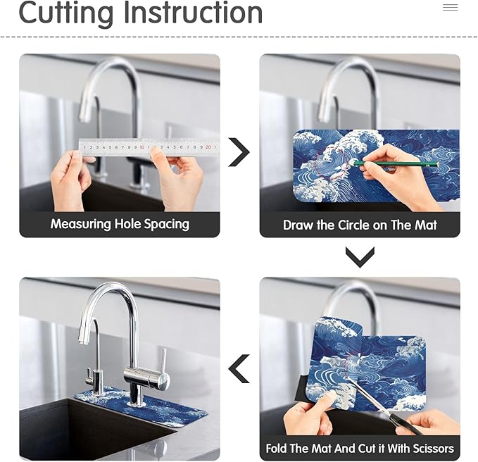 Kitchen Sink Splash Guard 2 PCS 14.7 Inch Sink Faucet Mat Splash Guard for Bathroom Countertop Water Absorbent Foldable Cuttable Soft Washable Blue Ocean Waves