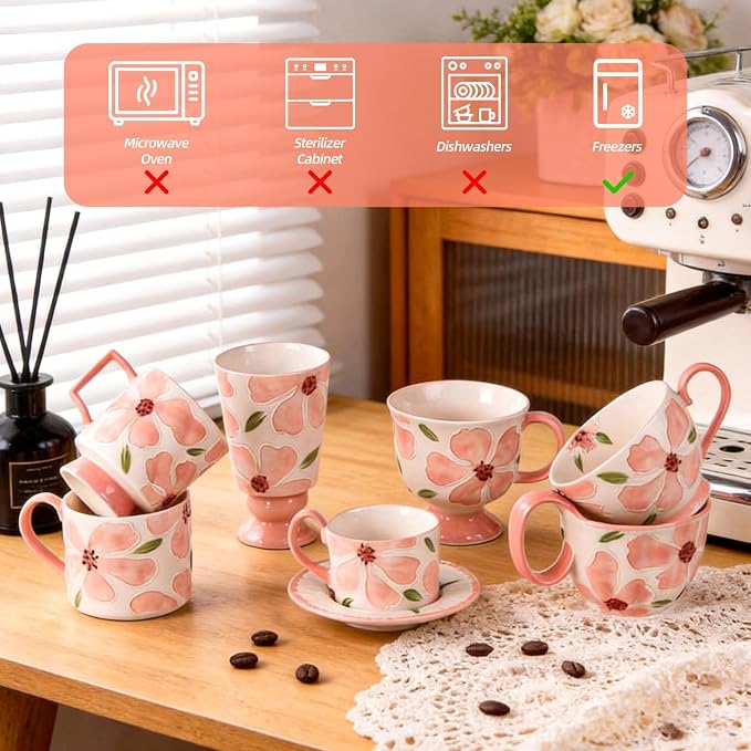 KAMMAK Ceramic Mug - Hand-Painted Coffee and Tea Mug - 400ML Vintage Breakfast Cups - Cute Mugs for Women - Ideal for Birthday - Afternoon Tea & Housewarming Gifts, GX017