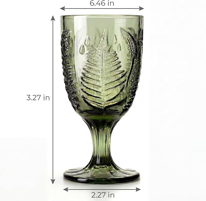Green Stemmed Goblet, Hand-Pressed Fern Embossed Textured Glass for Water, Cocktails & Wine, Retro Boho Colored Stemware, Decorative Bar Drinkware for Kitchen Dining Table, Unique Botanical Style Gift