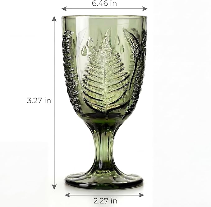 Green Glass Goblets Set of 4, 10 oz Hand-Pressed Vintage Glassware, Textured Fern Embossed Drinking Glasses, Boho Drinkware for Water, Cocktails, Mocktails, White & Red Wine, Antique Style Gift Set