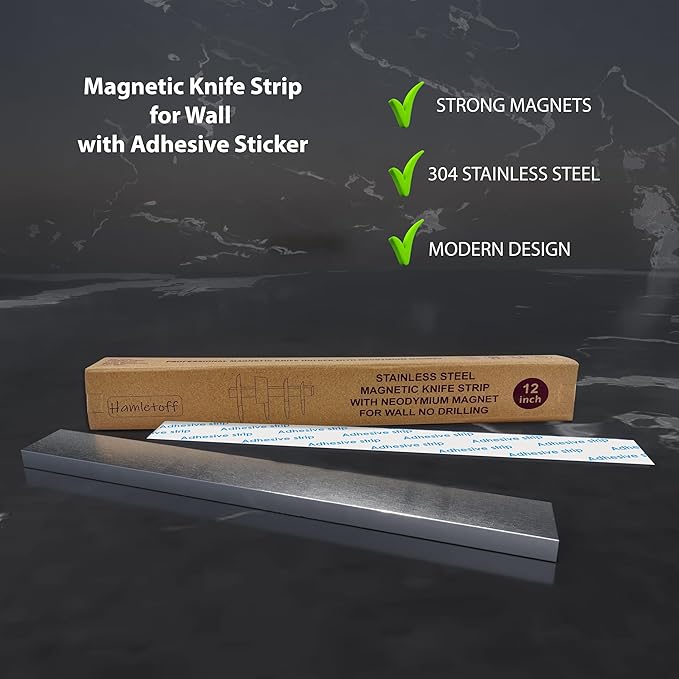 Premium Magnetic Knife Strip for Wall no Drilling – 12 Inch Stainless Steel Magnetic Knife Holder with Neodymium Magnet Strong Adhesive Tape - Lightweight Kitchen Magnet Knife Bar
