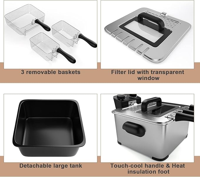 Deep Fryers with 3 Baskets - Simoe 5.3QT/21 Cup Electric Large Fryer Countertop, 1700W Stainless Steel Deep Oil Fryer with Lid, Adjustable Temperature & Timer & View Window, Professional Grade